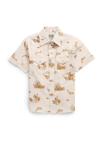 Ely and Walker Kids Boys Cowboy Print Snap Ecru 100% Cotton S/S Shirt