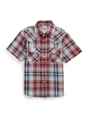 Ely and Walker Kids Boys Western Plaid Snap Burgundy Poly/Cotton S/S Shirt