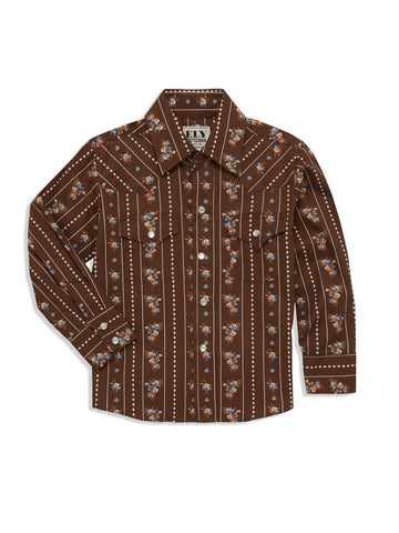 Ely and Walker Kids Boys Floral Stripe Western Brown 100% Cotton L/S Shirt