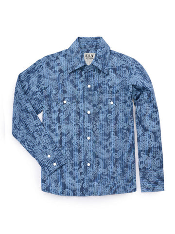 Ely and Walker Kids Boys Western Paisley Print Denim Blue 100% Cotton L/S Shirt