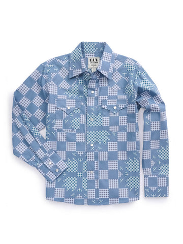 Ely and Walker Kids Boys Checker Patchwork Snap Denim Blue 100% Cotton L/S Shirt