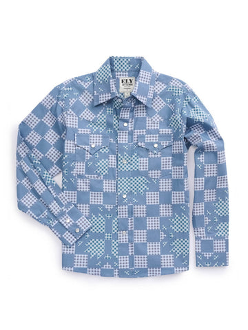 Ely and Walker Kids Boys Checker Patchwork Snap Denim Blue 100% Cotton L/S Shirt