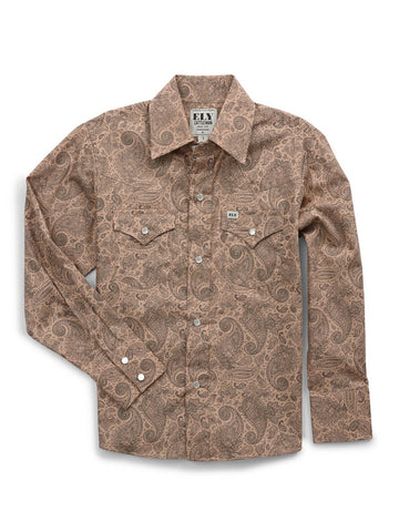 Ely and Walker Kids Boys Paisley Print Snap Khaki 100% Cotton L/S Shirt