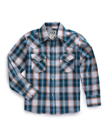 Ely and Walker Kids Boys Textured Plaid Western Teal Poly/Cotton L/S Shirt