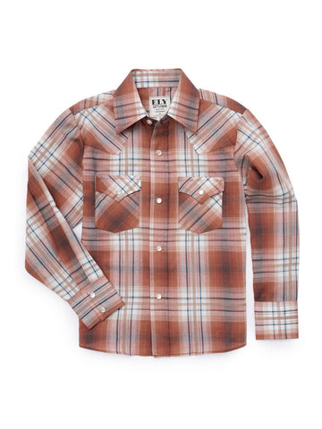 Ely and Walker Kids Boys Western Textured Plaid Rust Poly/Cotton L/S Shirt