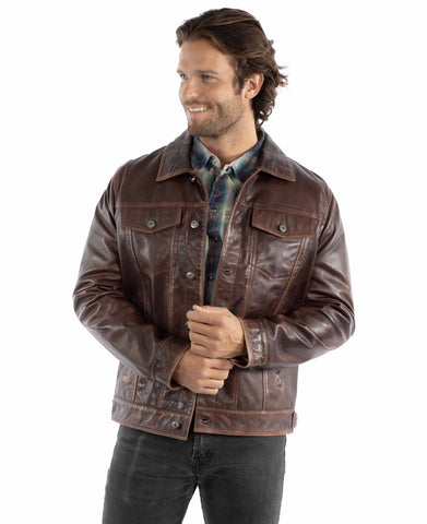 Scully Mens Washed Jean Cognac Leather Leather Jacket S