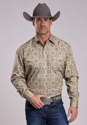 Stetson Mens Gold Coin Medallion Grey 100% Cotton L/S Shirt