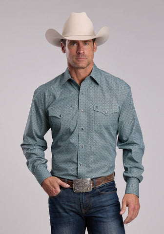 Stetson Mens Mosaic Print Forest 100% Cotton L/S Shirt