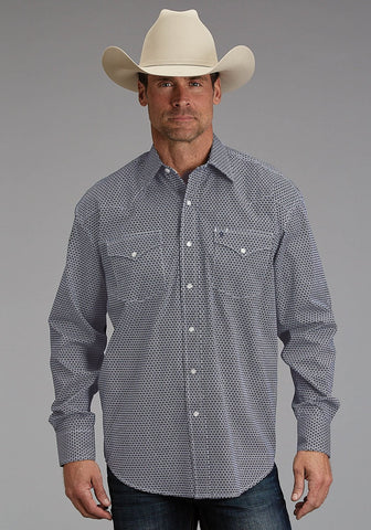 Stetson Mens Broken Diamond Navy 100% Cotton L/S Shirt