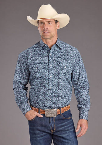 Stetson Mens 2390 Navy Medallion Blue 100% Cotton L/S Shirt