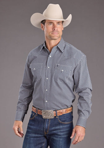 Stetson Mens Running Diamonds Blue 100% Cotton L/S Shirt