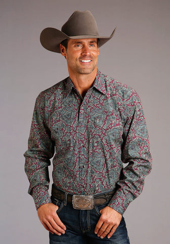 Stetson Mens Wine 100% Cotton Merlot Paisley L/S Shirt