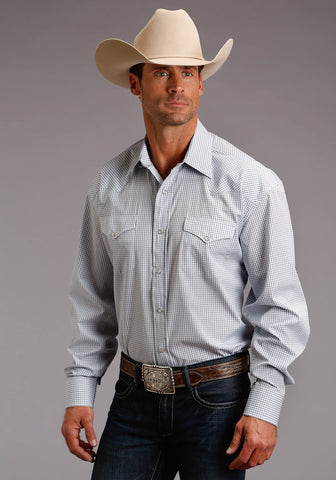 Stetson Mens Light Blue 100% Cotton Two Stripe Check L/S Shirt