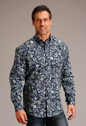 Stetson Mens Detailed Pailey Blue 100% Cotton L/S Shirt