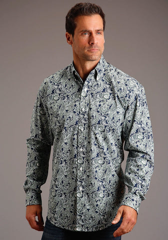 Stetson Mens Blue 100% Cotton Greenspring Paisley BD L/S Shirt
