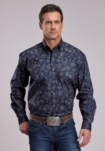 Stetson Mens Midnight Sky Print Blue 100% Cotton 1 Pkt L/S Shirt