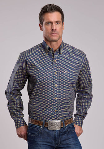 Stetson Mens Heirloom Geo Blue 100% Cotton 1 Pkt L/S Shirt