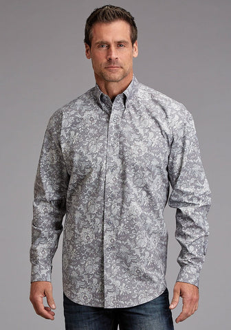 Stetson Mens Silver Spring Paisley Grey 100% Cotton 1 Pkt L/S Shirt