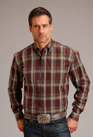 Stetson Mens Sandstone Ombre Wine 100% Cotton L/S Shirt
