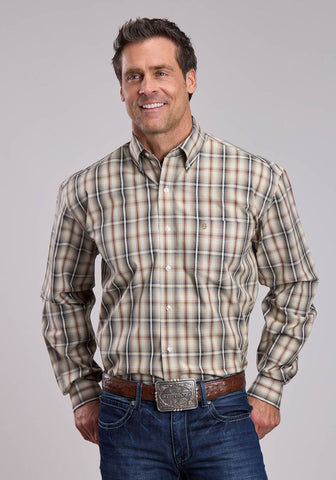 Stetson Mens Winter Wheat Plaid Brown 100% Cotton 1 Pkt L/S Shirt