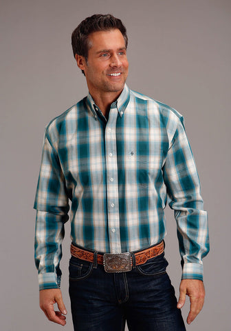 Stetson Mens Forest Shade Plaid Green 100% Cotton L/S Shirt
