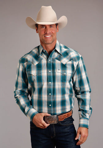 Stetson Mens Forest Shade Plaid Green 100% Cotton L/S Shirt