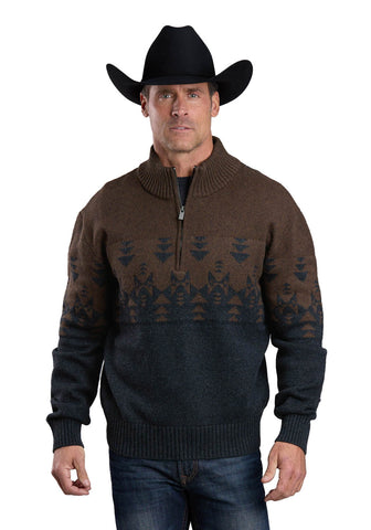 Stetson Mens Aztec Pattern Gray/Brown Cotton/Wool 1/4 Zip Sweater