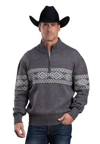 Stetson Mens Woven Aztec Pattern Grey Cotton/Wool 1/4 Zip Sweater