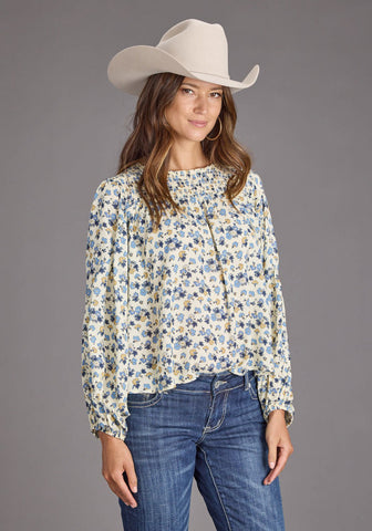Stetson Womens Field Flower Peasant Blue 100% Rayon L/S Blouse