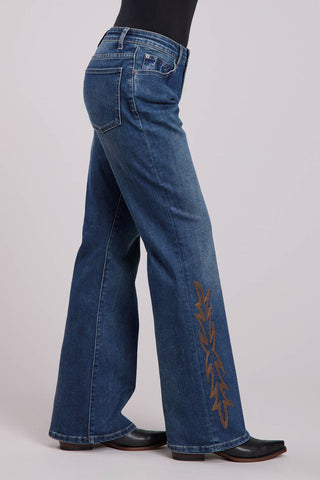 Stetson Womens 641 Midrise Loose Boot Stitch Blue Cotton Blend Jeans