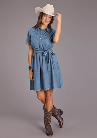 Stetson Womens Smile Pockets Self Tie Blue Lyocell S/S Dress