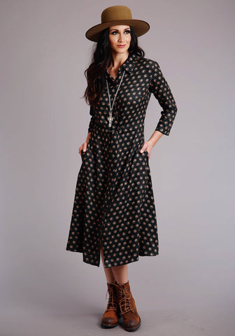 Stetson Womens Black Rayon/Nylon Horse Polkadot S/S Dress