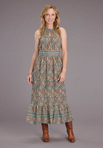 Stetson Womens Carnation Border Tan/Blue 100% Cotton S/L Dress