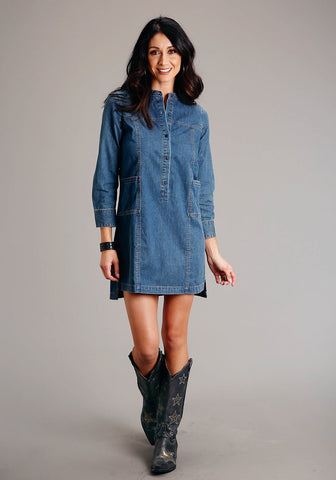 Stetson Womens Stand Collar Shirt Blue 100% Cotton L/S Dress