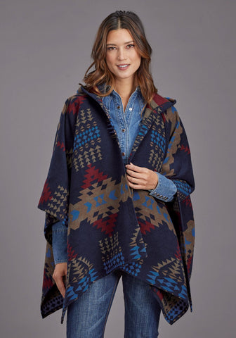 Stetson Womens Aztec Blanket Hooded Blue Poly/Wool Wrap