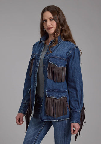 Stetson Womens Leather Fringe Blue 100% Cotton Cotton Jacket