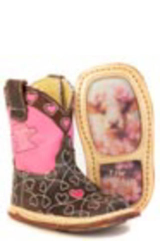 Tin Haul Infant Girls Be Moo Tiful Brown/Pink Leather Cowboy Boots