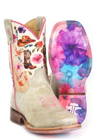 Tin Haul Kids Girls Lets Go Cowgirl Cream Multi Leather 8in Cowboy Boots