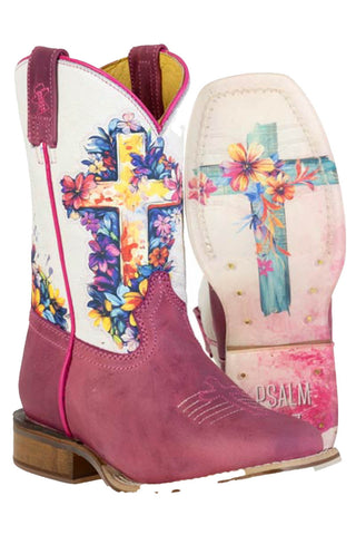 Tin Haul Kids Girls Love Jesus Psalm 28:7 Waxy Pink Leather Cowboy Boots