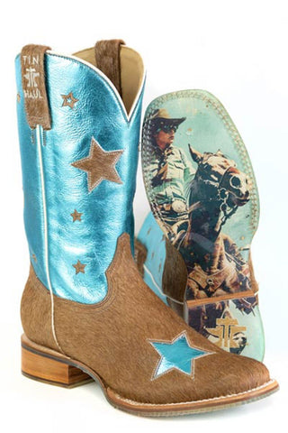Tin Haul Womens Cosmic Cowgirl Brown/Turquoise Hair-on-Hide Rider Cowboy Boots