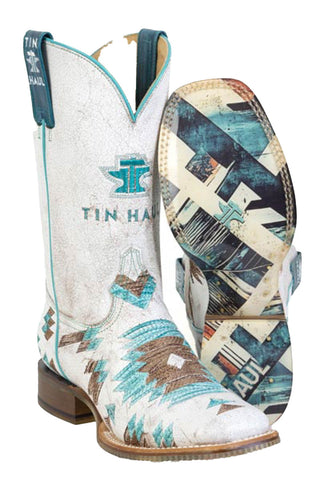 Tin Haul Womens Twisted Aztection White Leather Cowboy Boots