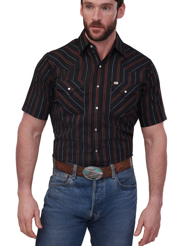 Ely and Walker Mens Western Stripe Snap Black Poly/Cotton S/S Shirt