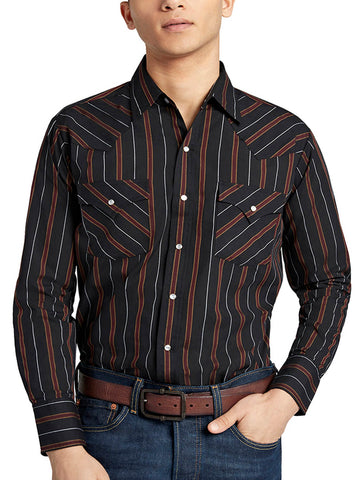 Ely and Walker Mens Stripe Western Snap Black Poly/Cotton L/S Shirt