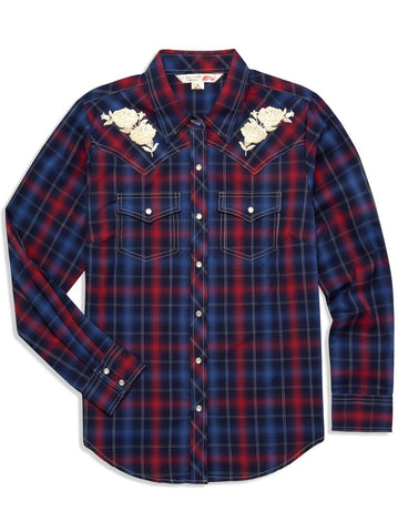 Ely and Walker Womens White Rose Embroidery Navy Poly/Cotton L/S Shirt