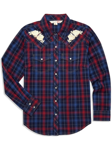 Ely and Walker Womens White Rose Embroidery Navy Poly/Cotton L/S Shirt