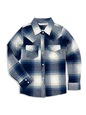 Ely and Walker Kids Girls Western Plaid Flannel Navy 100% Cotton L/S Shirt