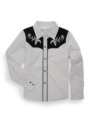 Ely and Walker Kids Girls Scroll Embroidery White/Black 100% Cotton L/S Shirt