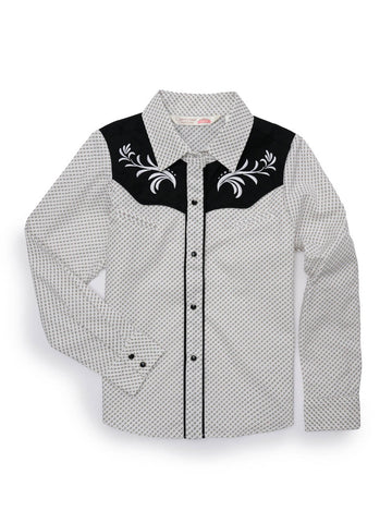 Ely and Walker Kids Girls Scroll Embroidery White/Black 100% Cotton L/S Shirt