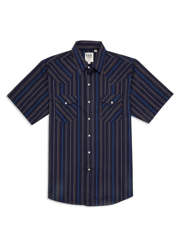 Ely and Walker Mens Stripe Western Snap Navy Poly/Cotton S/S Shirt