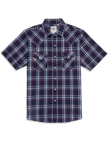 Ely and Walker Mens Plaid Western Snap Navy Poly/Cotton S/S Shirt